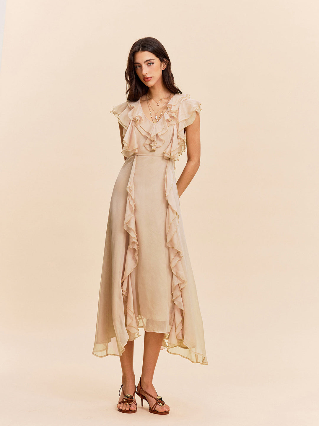 Yarı Şeffaf Volan Detaylı Elbise