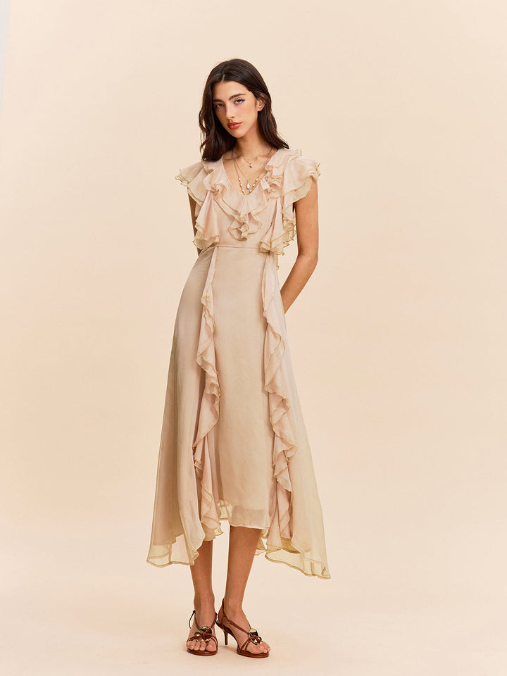 Yarı Şeffaf Volan Detaylı Elbise