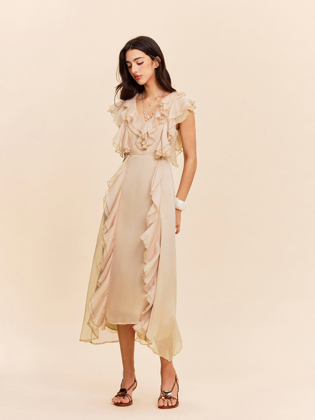 Yarı Şeffaf Volan Detaylı Elbise