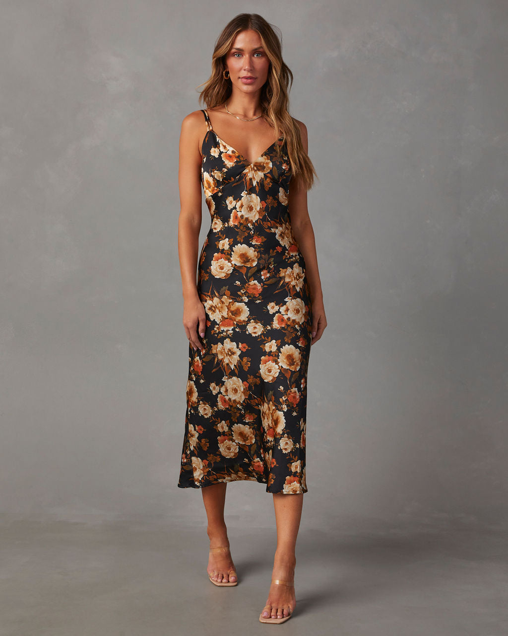 Tatlı Ayçiçeği Saten Çiçekli Midi Elbise