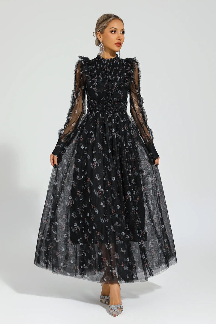 Elara Siyah Çiçekli Uzun Kol Uzun Elbise