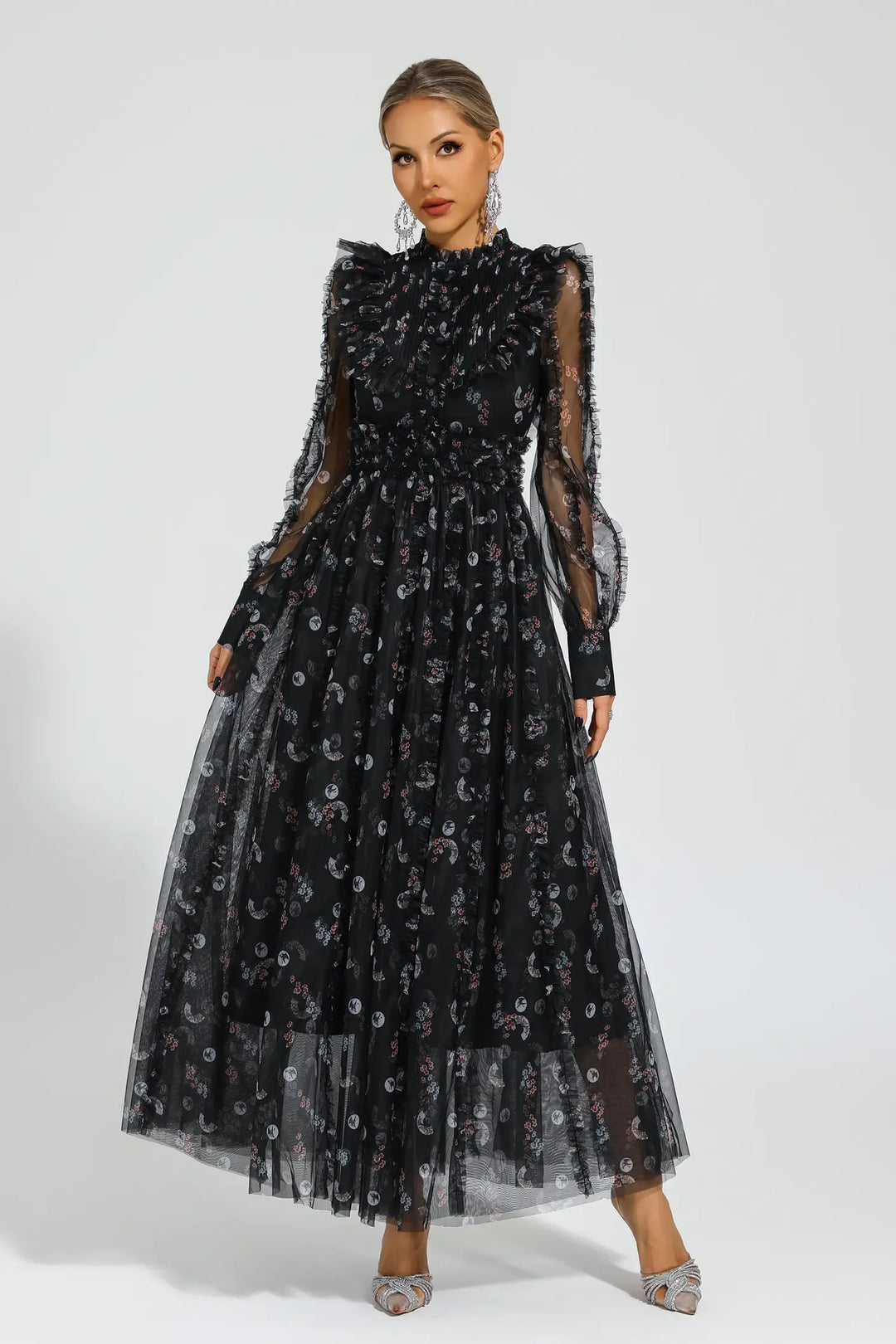 Elara Siyah Çiçekli Uzun Kol Uzun Elbise