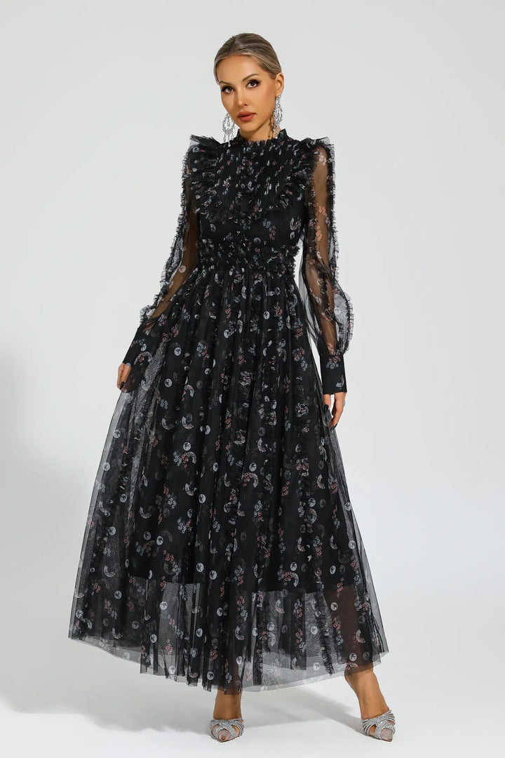 Elara Siyah Çiçekli Uzun Kol Uzun Elbise