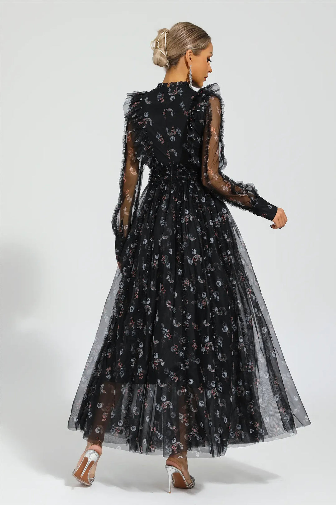 Elara Siyah Çiçekli Uzun Kol Uzun Elbise