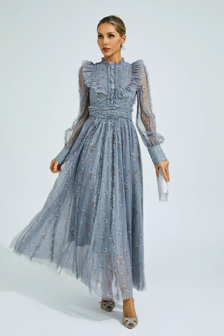 Elara Mavi Çiçekli Uzun Kol Uzun Elbise