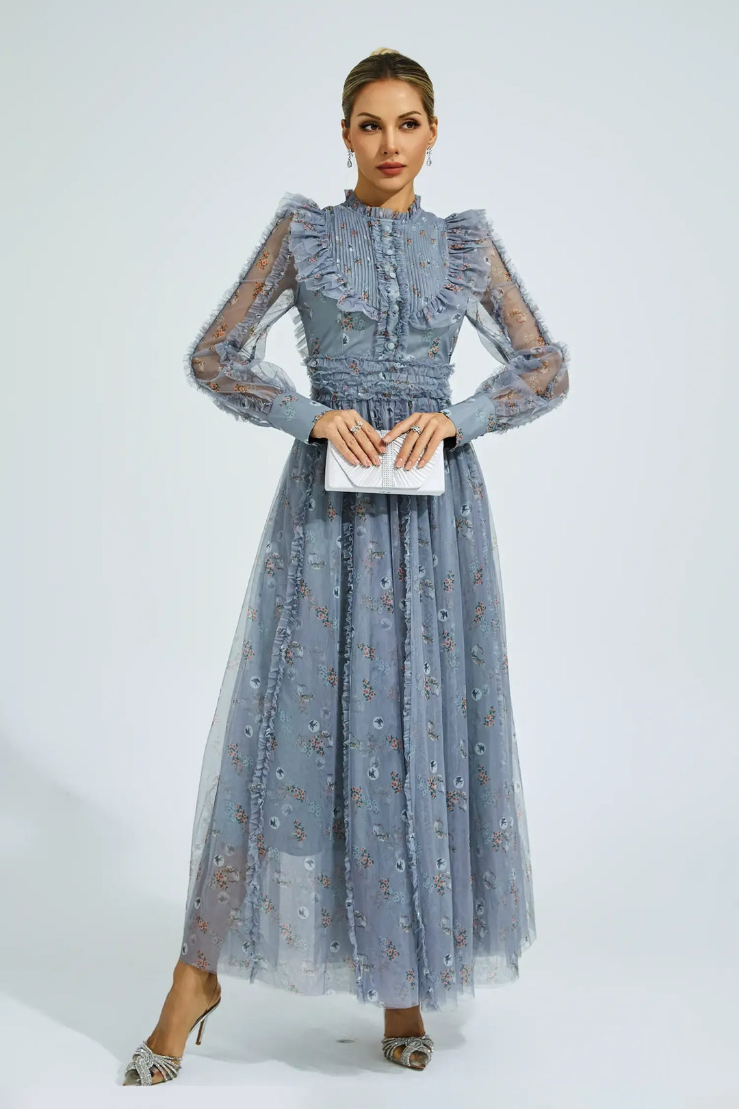 Elara Mavi Çiçekli Uzun Kol Uzun Elbise