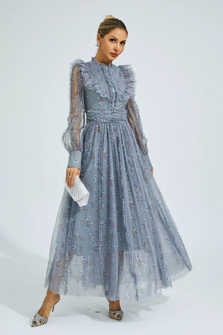 Elara Mavi Çiçekli Uzun Kol Uzun Elbise