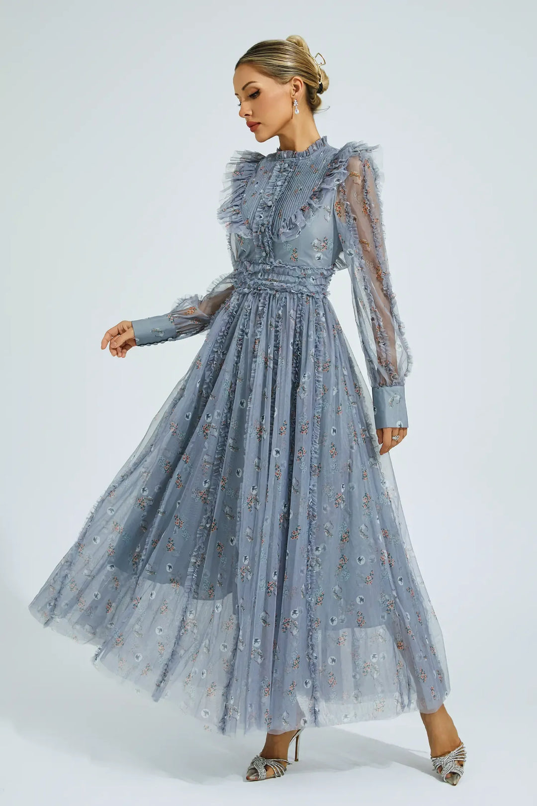 Elara Mavi Çiçekli Uzun Kol Uzun Elbise