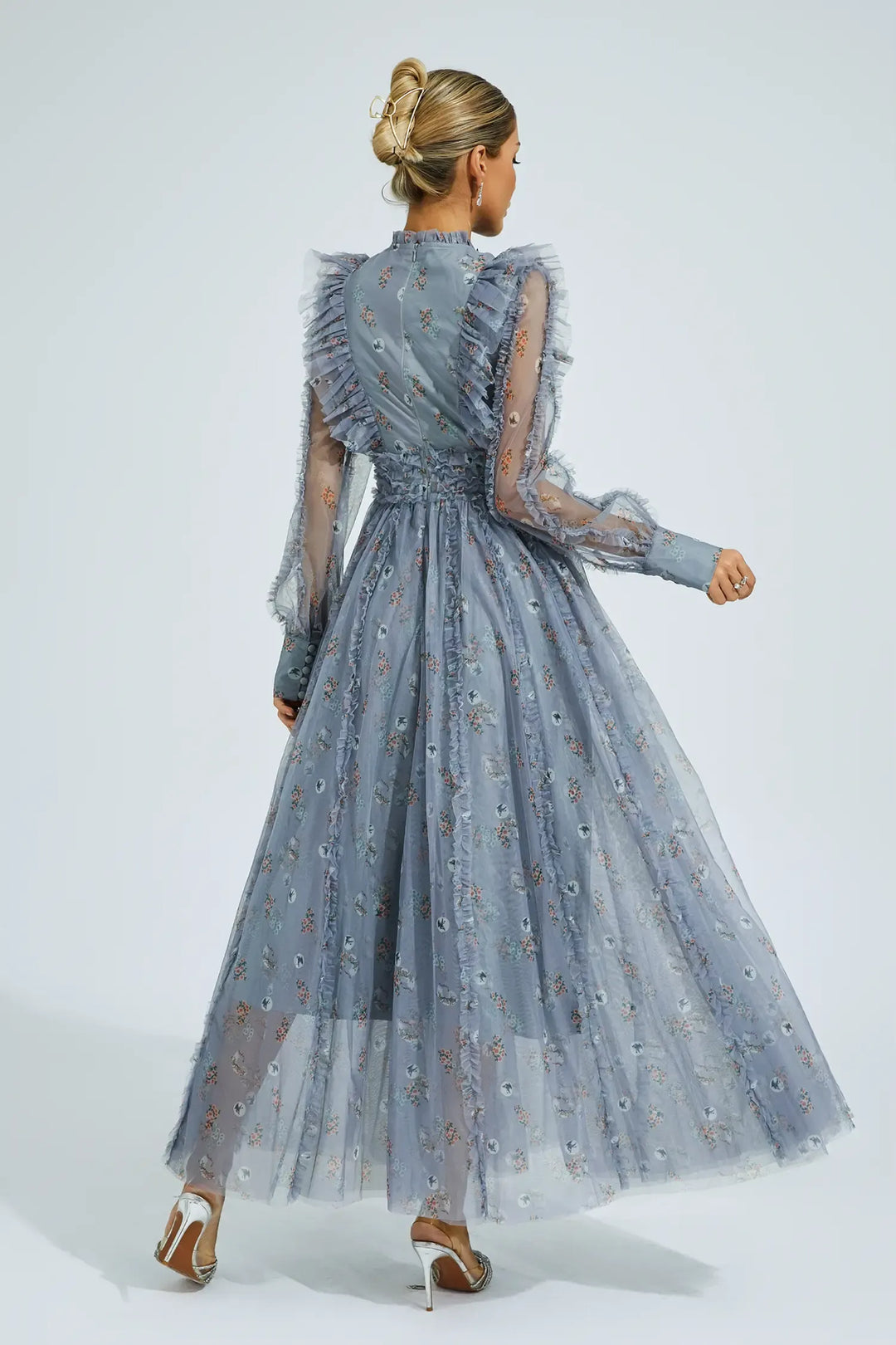 Elara Mavi Çiçekli Uzun Kol Uzun Elbise