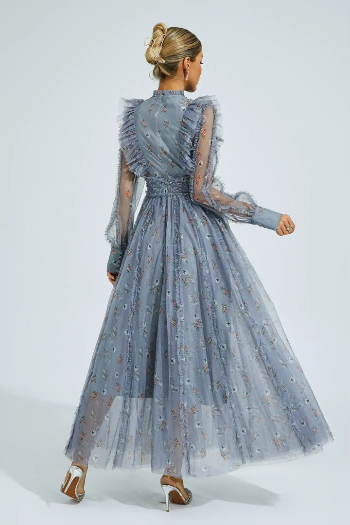 Elara Mavi Çiçekli Uzun Kol Uzun Elbise