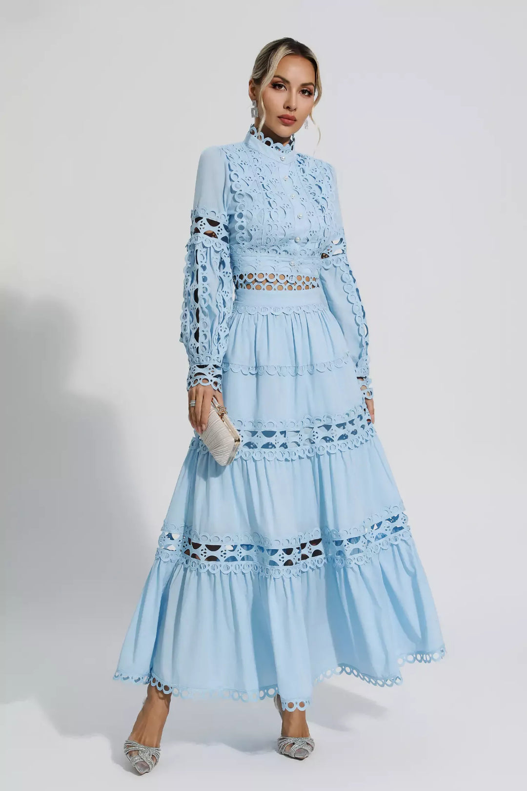 Julieta Mavi Uzun Kollu Uzun Elbise