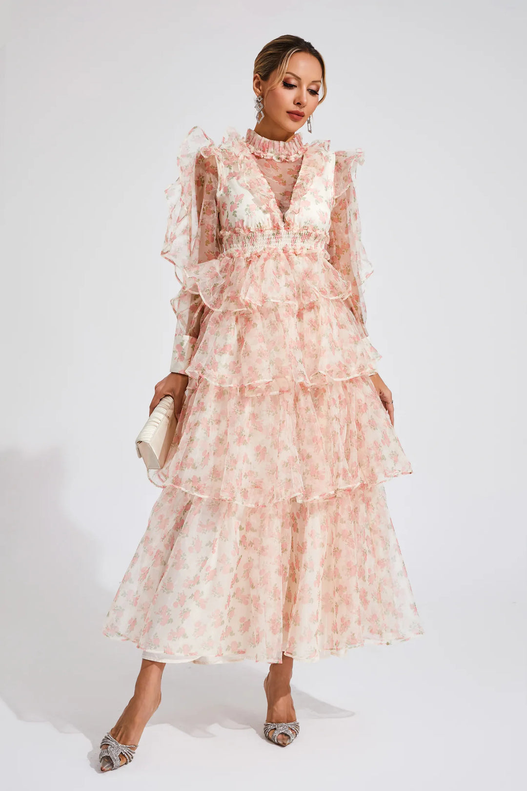 Zelda Çiçekli File Uzun Elbise