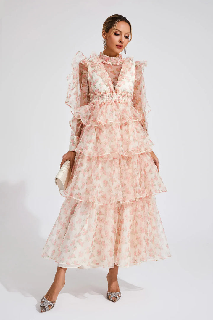 Zelda Çiçekli File Uzun Elbise