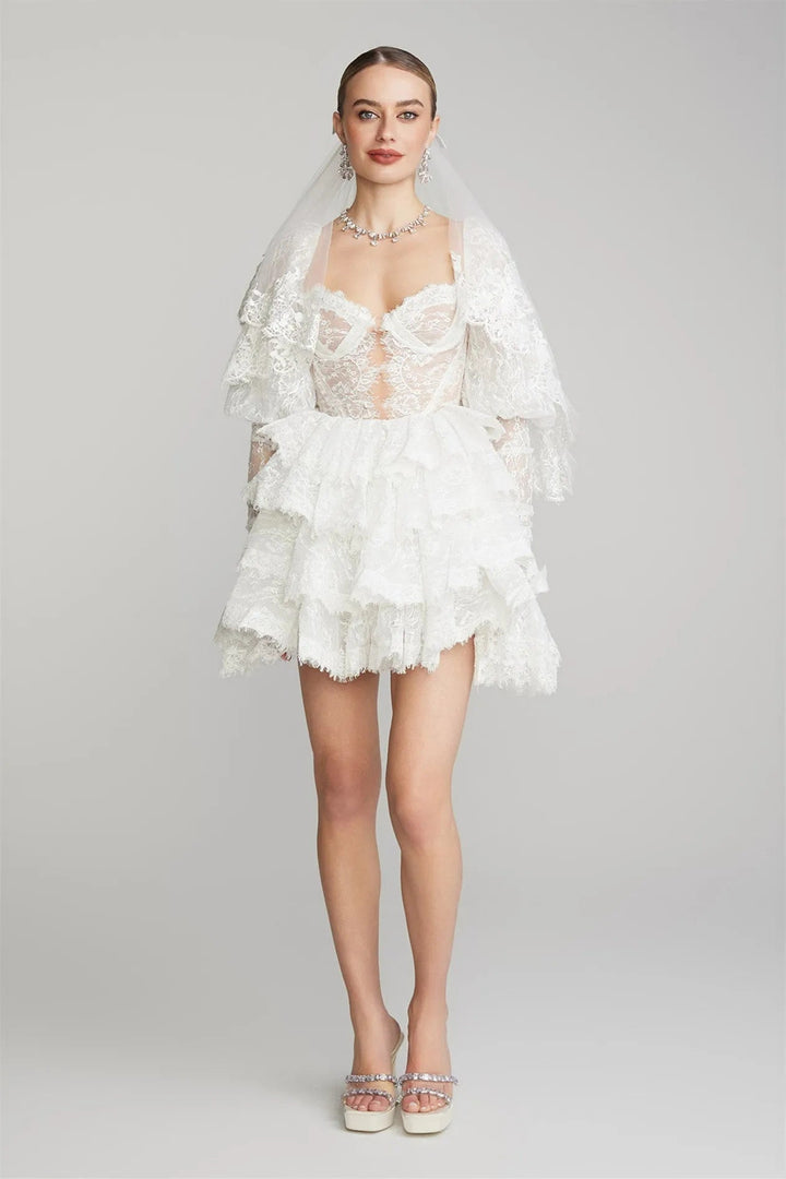 Bonnie İşlemeli Dantel Puf Kol Mini Elbise