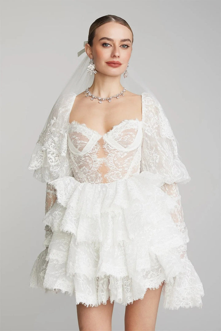 Bonnie İşlemeli Dantel Puf Kol Mini Elbise