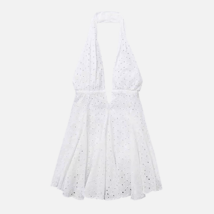 Halter Yaka Pamuklu Dantel Mini Elbise