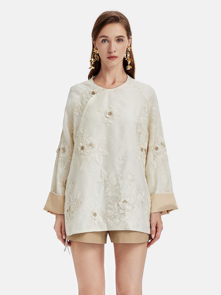 Yeni Çin Tarzı Çiçek İşlemeli Bluz