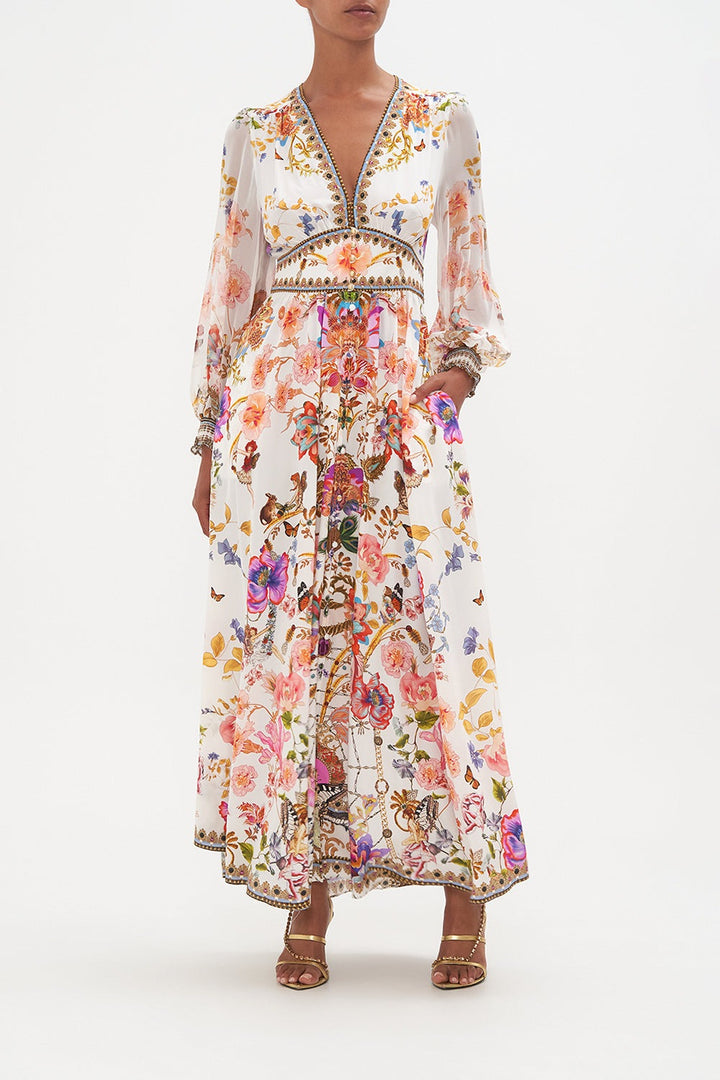 Belen Baskılı V Yaka Balon Kol Maxi Elbise