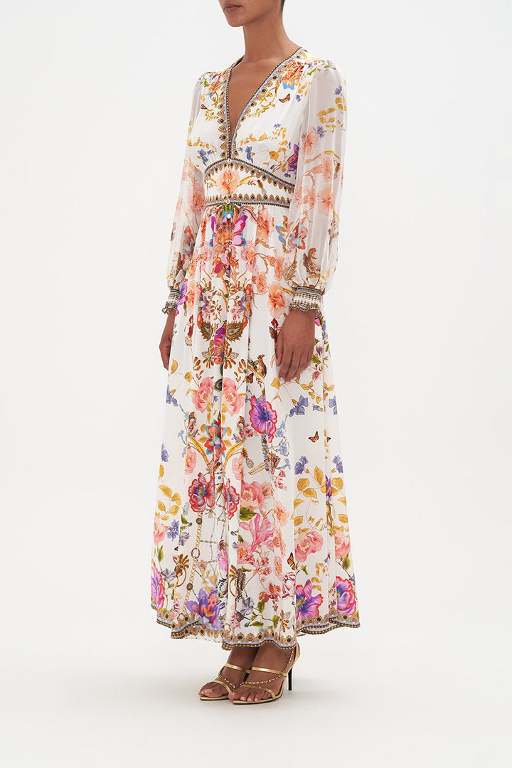 Belen Baskılı V Yaka Balon Kol Maxi Elbise