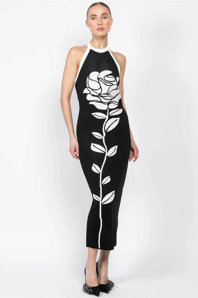 Darlene Boyundan Bağlamalı Çiçekli Sırtı Açık Midi Triko Elbise