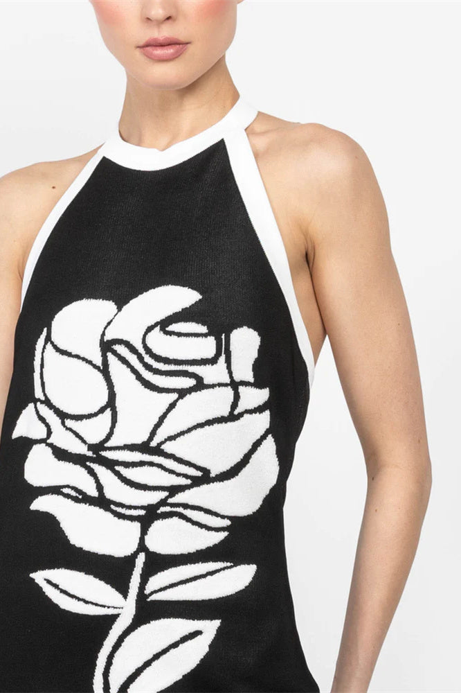 Darlene Boyundan Bağlamalı Çiçekli Sırtı Açık Midi Triko Elbise