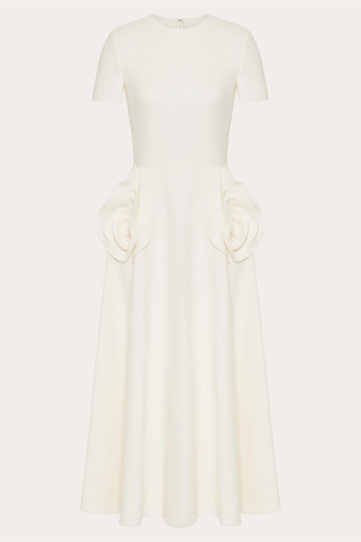 Ava Çiçek Aplikeli Kısa Kollu Midi Elbise