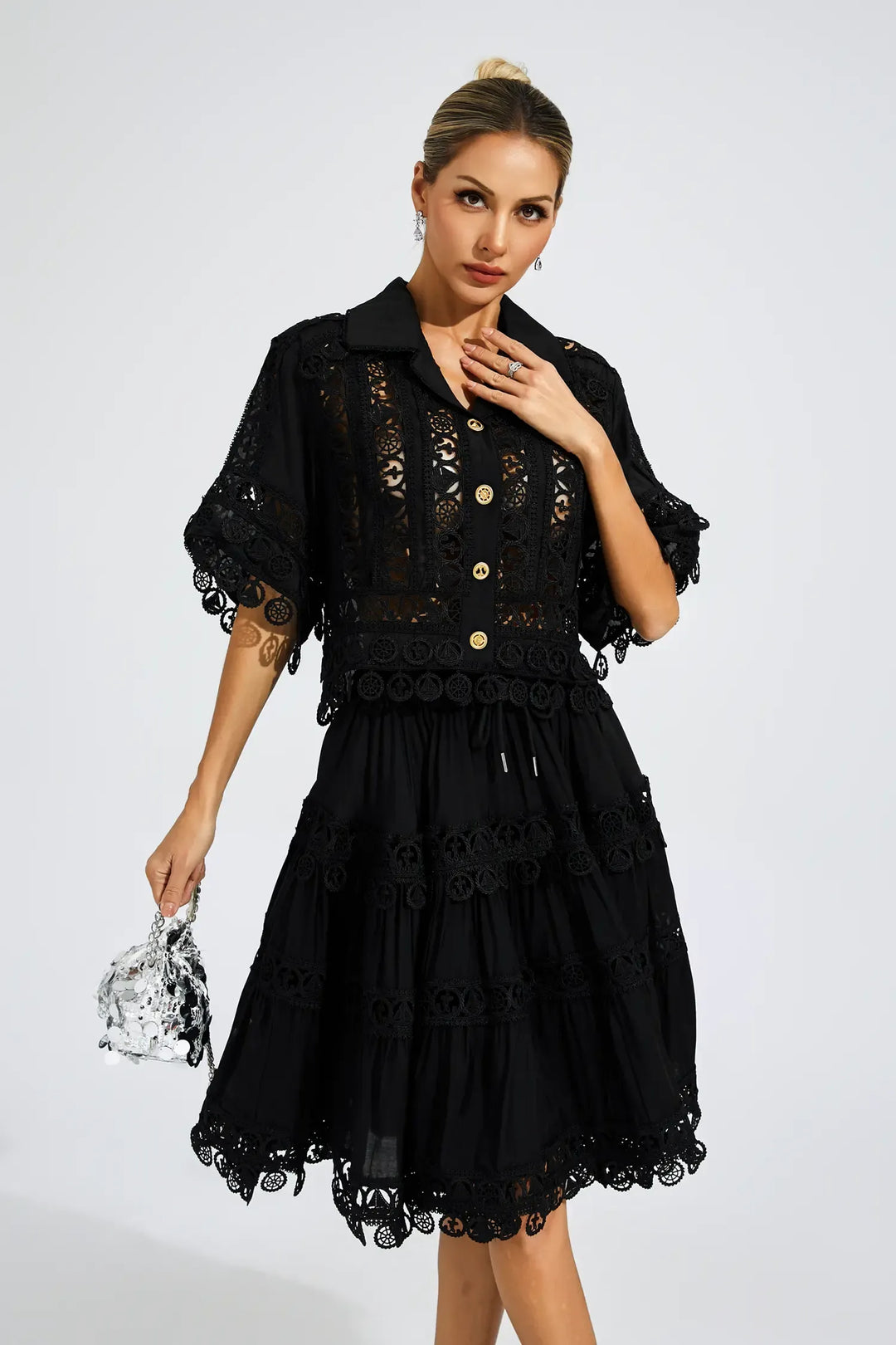 Selena Siyah Dantelli Kesikli Takım