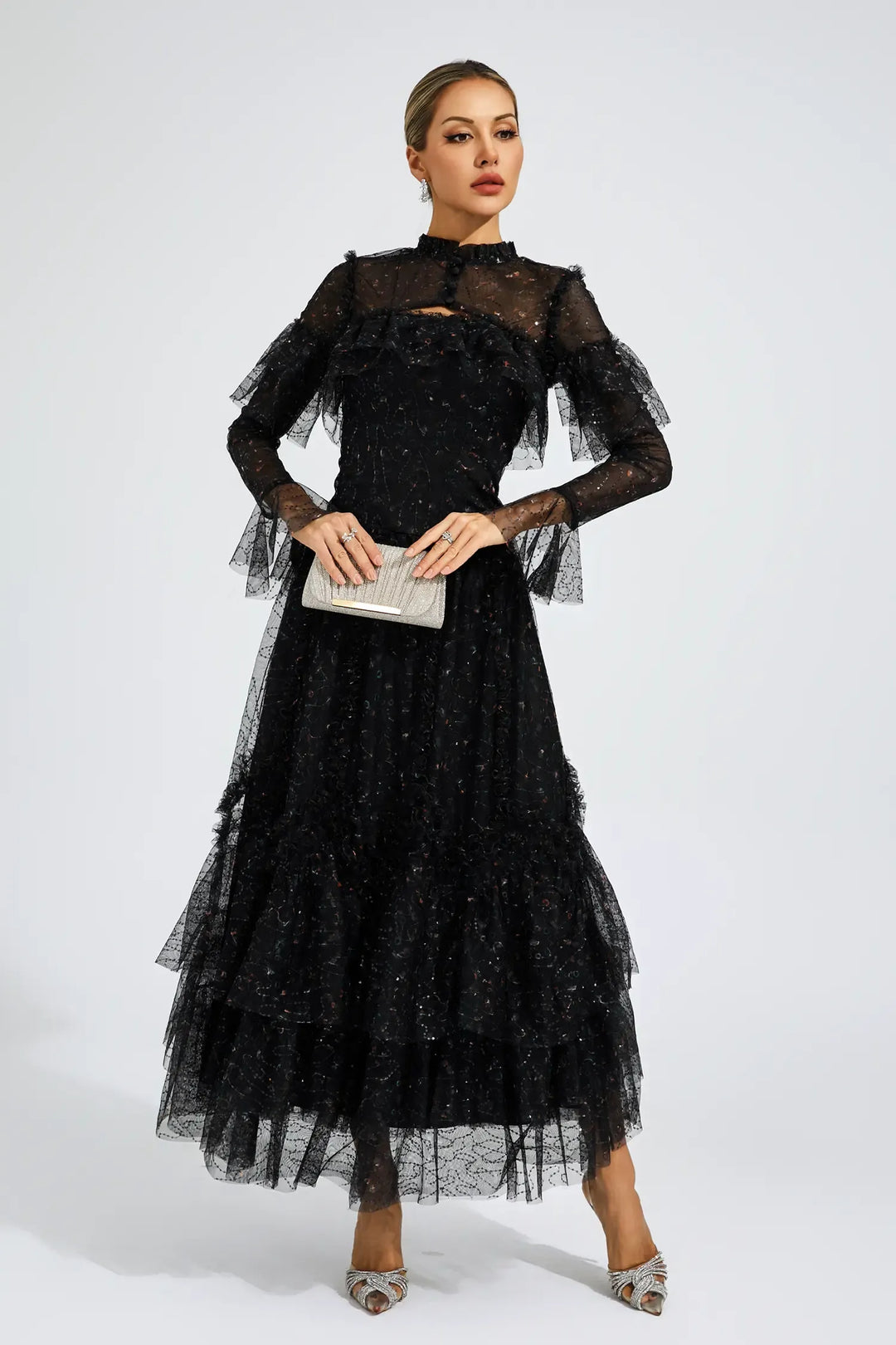 Clapham Siyah Fileli Çiçekli Uzun Elbise