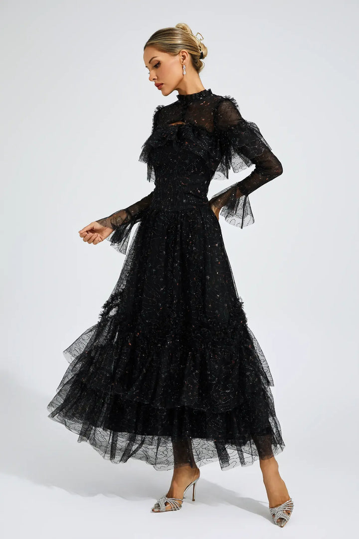 Clapham Siyah Fileli Çiçekli Uzun Elbise