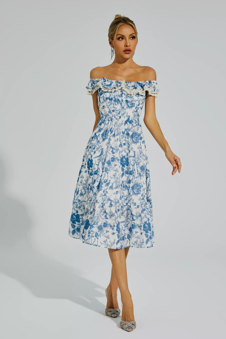 Connie Mavi Çiçek Puf Kol Midi Elbise