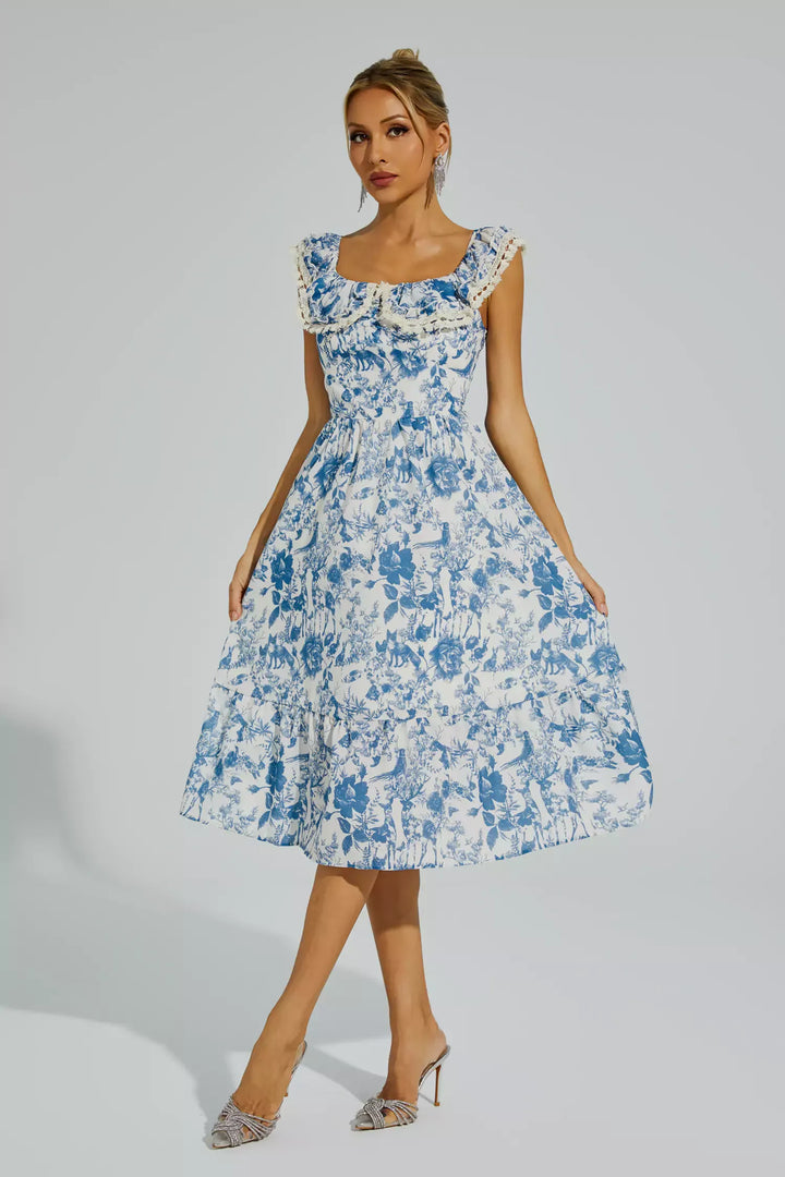 Connie Mavi Çiçek Puf Kol Midi Elbise