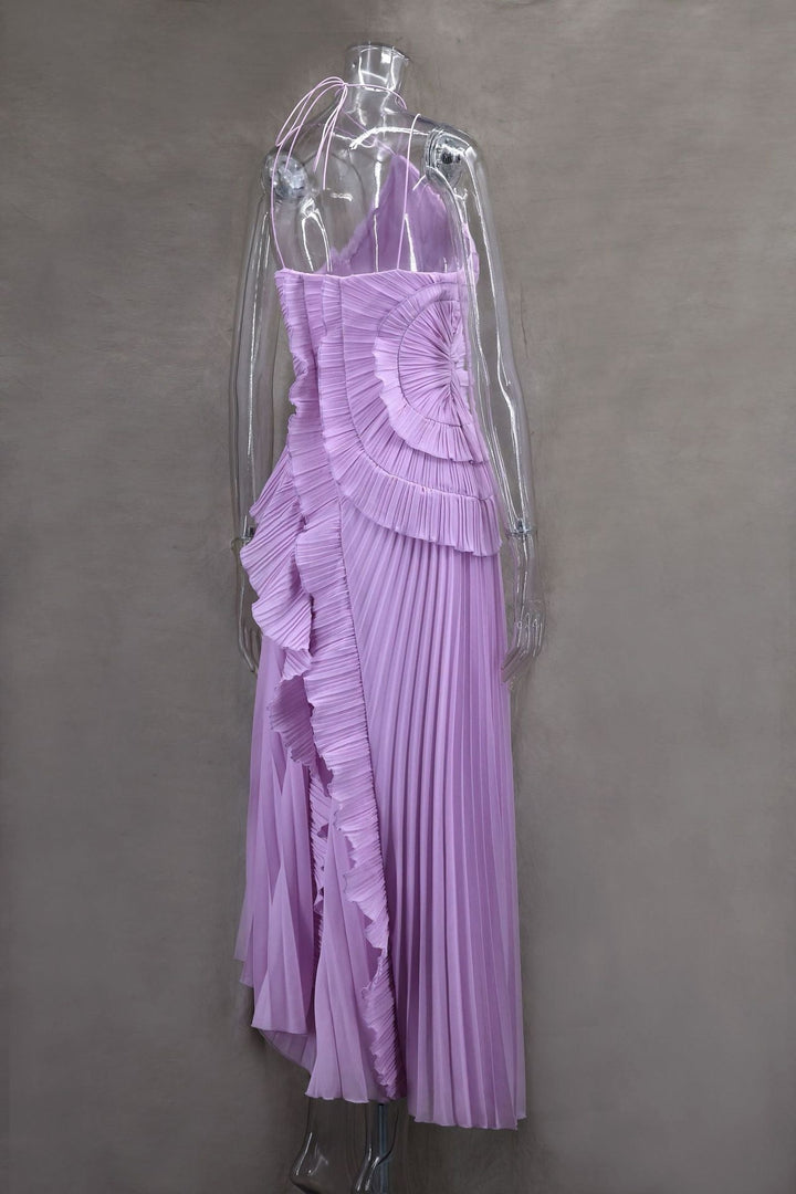 Anabella Pileli Fırfırlı Lila Midi Elbise