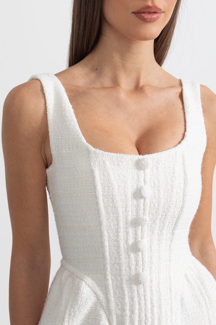 Fitted Bodice ile Dokulu Kolsuz Mini Elbise