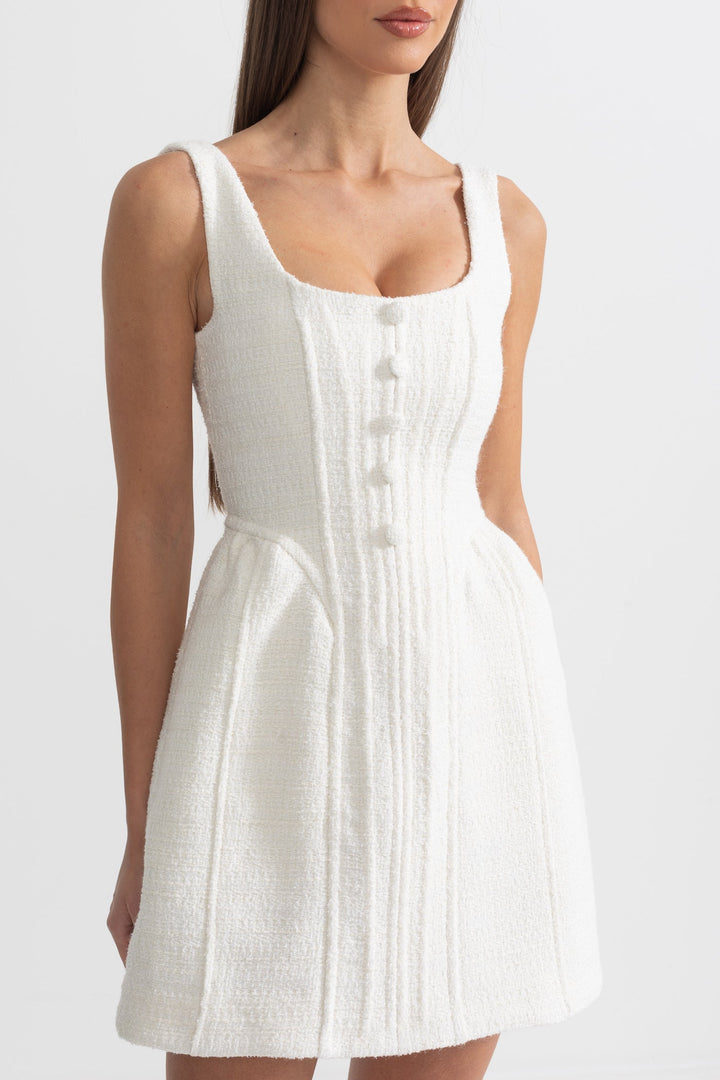 Fitted Bodice ile Dokulu Kolsuz Mini Elbise