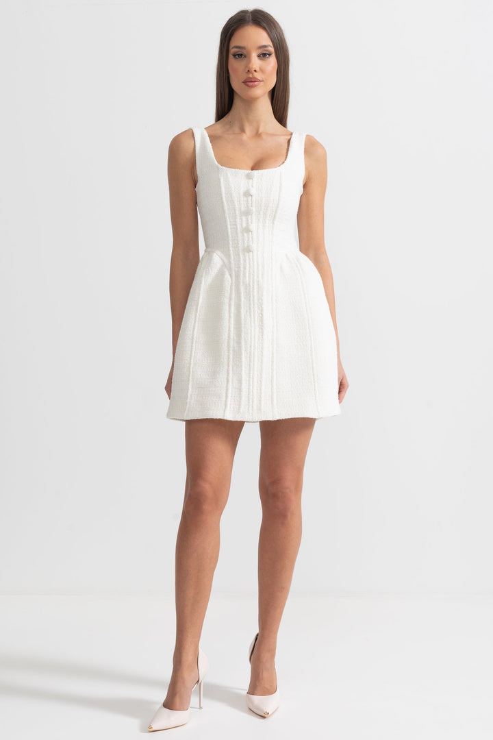 Fitted Bodice ile Dokulu Kolsuz Mini Elbise