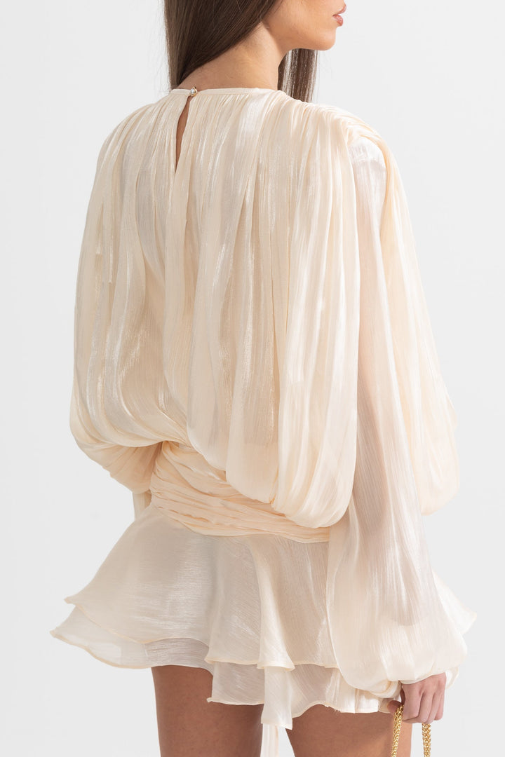 Fırfırlı Uzun Kollu Dökümlü Siluetli Mini Elbise