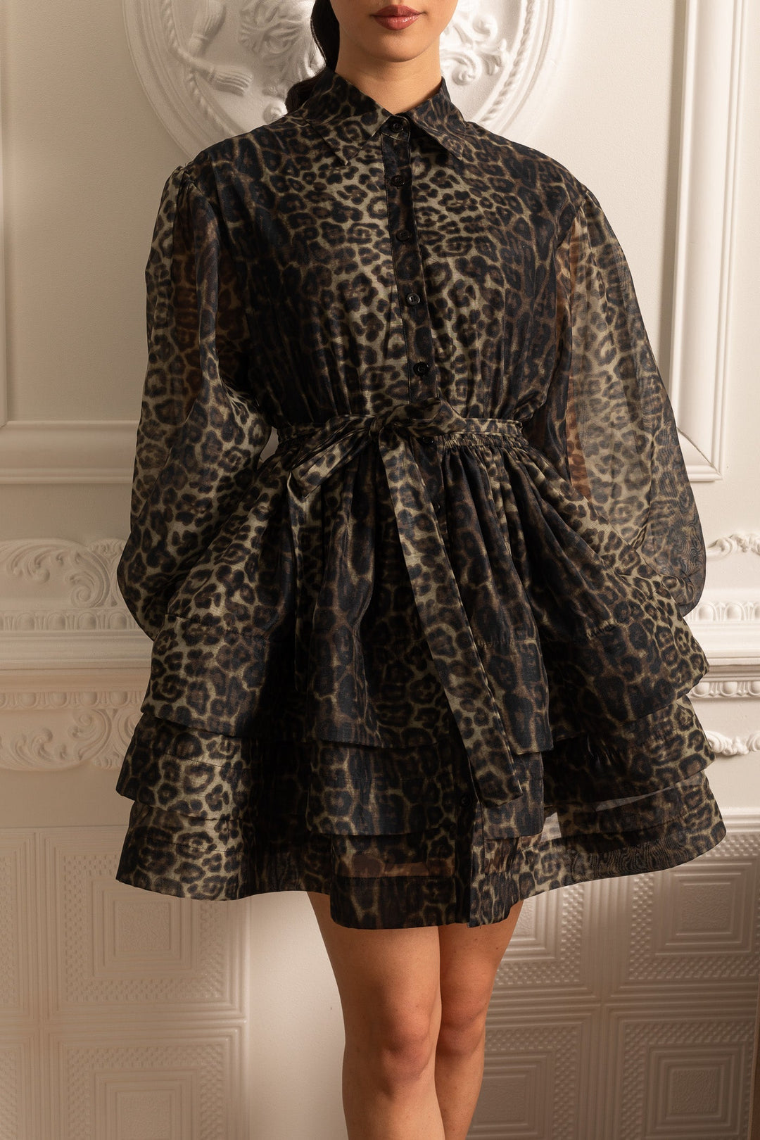 Etekli Leopar Desenli Uzun Kollu Elbise