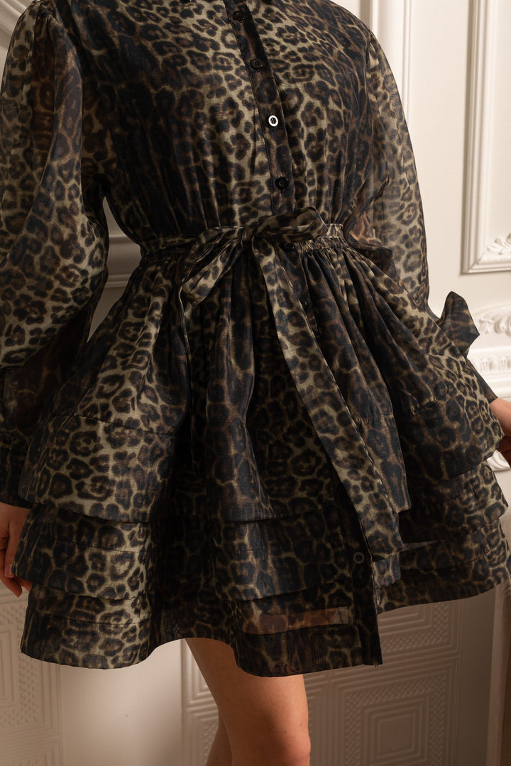 Etekli Leopar Desenli Uzun Kollu Elbise