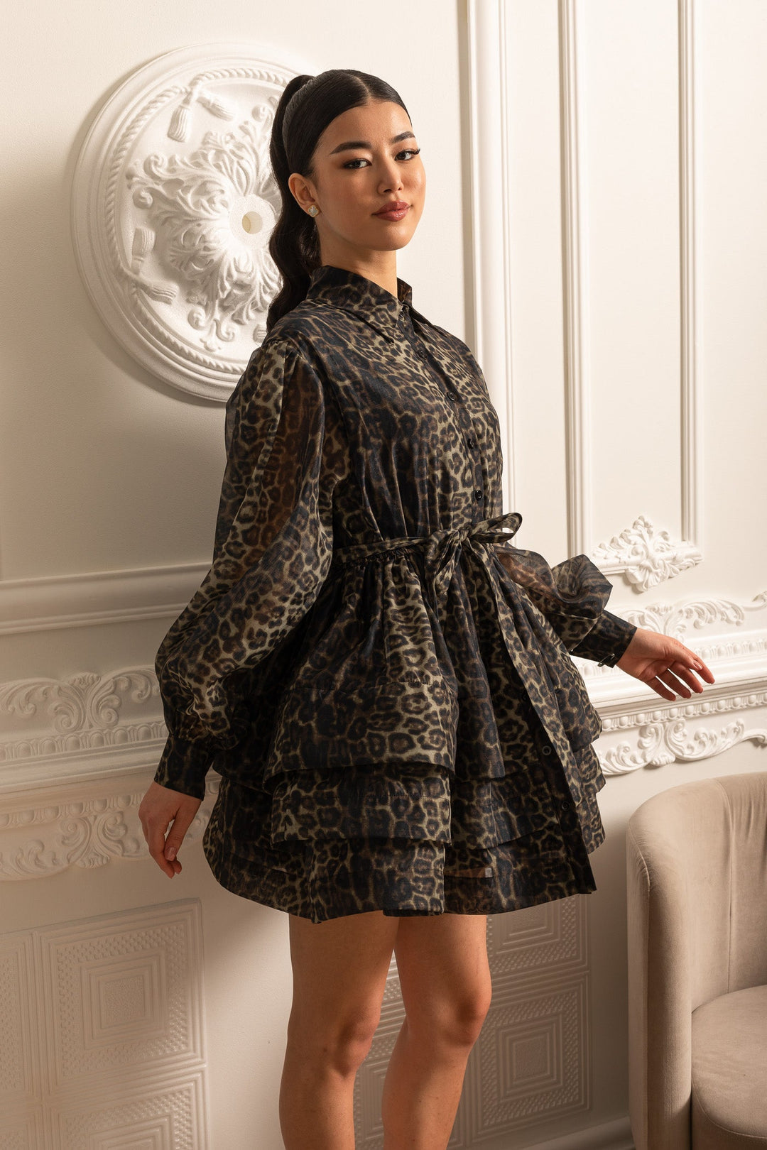 Etekli Leopar Desenli Uzun Kollu Elbise