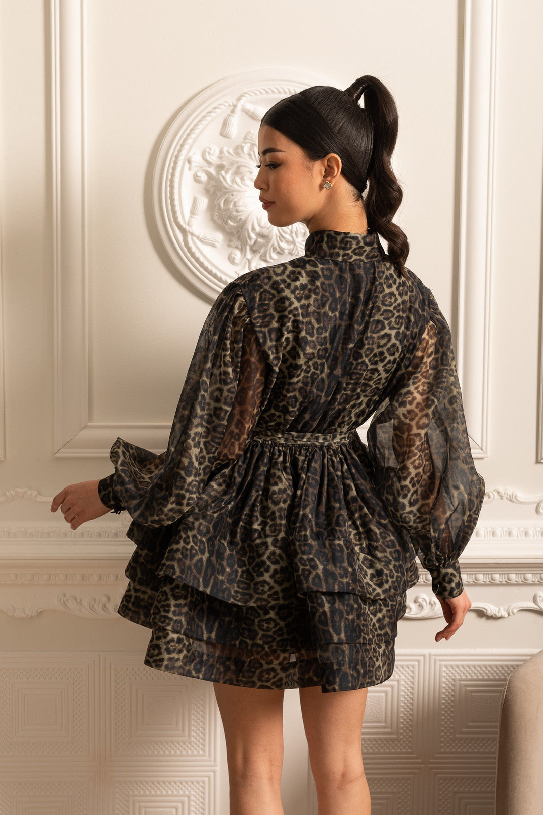 Etekli Leopar Desenli Uzun Kollu Elbise