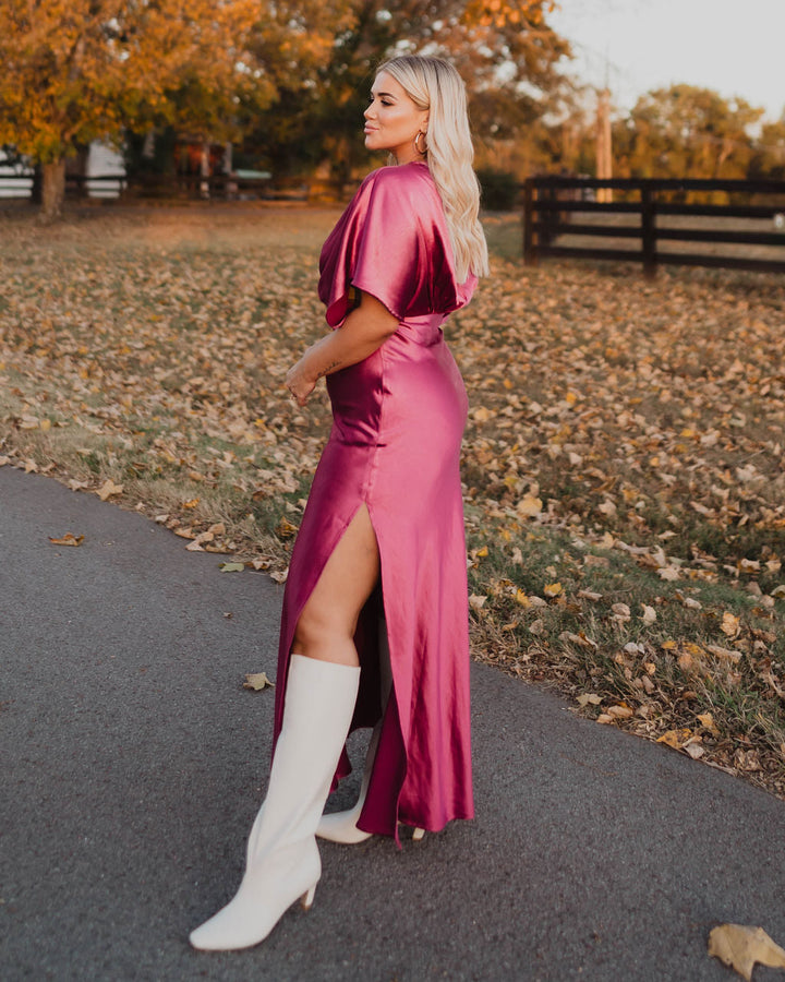 Theia Saten V Yaka Uzun Elbise