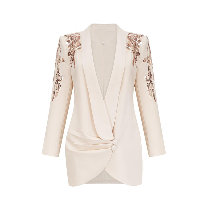 Opulent Grace İşlemeli Krem Blazer Elbise