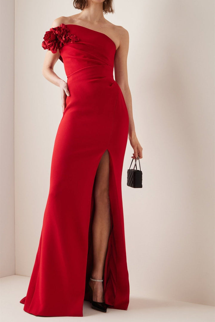 Sibyl Tek Omuz Çiçek Aplikeli Uzun Elbise