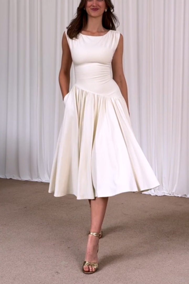 Renee Asimetrik Pileli Midi Elbise