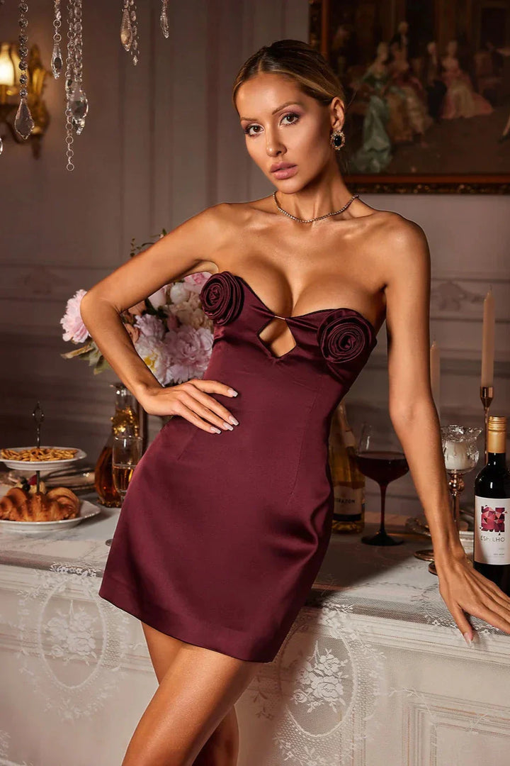 Elsie Straplez Çiçek Saten Mini Elbise