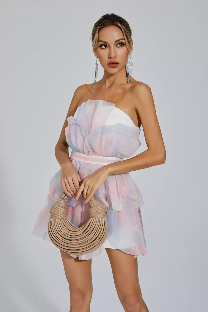 Elsa Pembe Kuşaklı Mini Dantelli Elbise