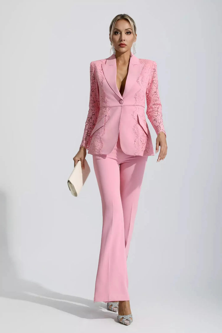 Emory Pembe Çiçekli Dantel Blazer Takım
