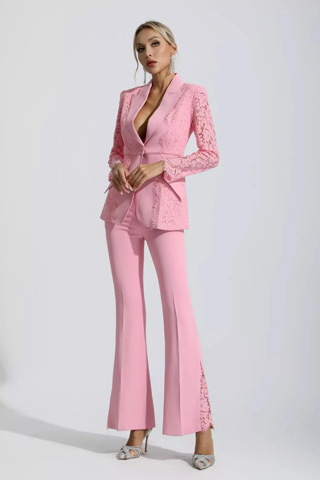 Emory Pembe Çiçekli Dantel Blazer Takım