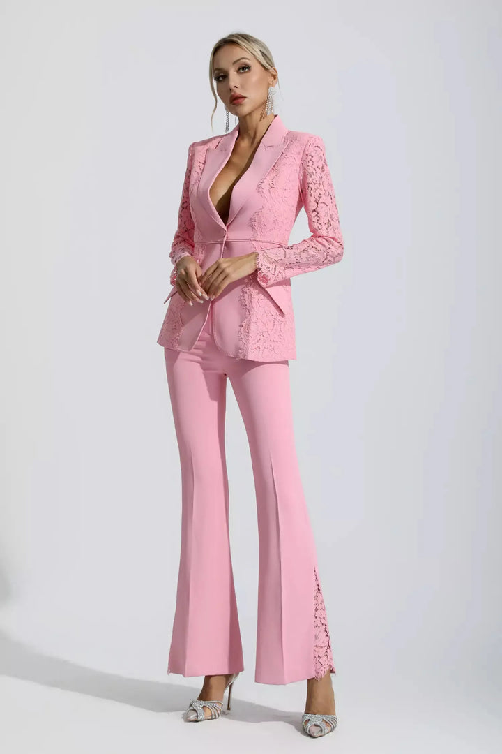 Emory Pembe Çiçekli Dantel Blazer Takım