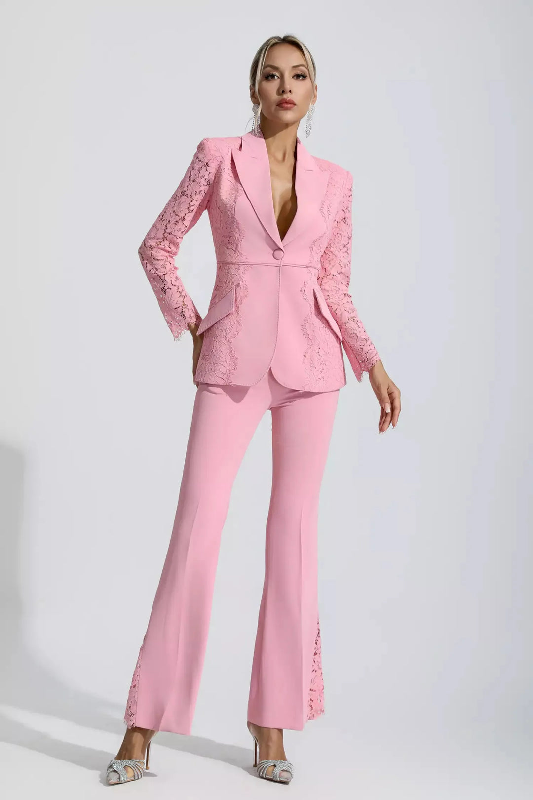 Emory Pembe Çiçekli Dantel Blazer Takım